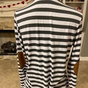 Grey & white striped cardigan leather elbow pads Sz L